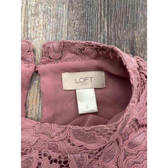 Loft Outlet Women Mauve Pink Floral Lace Flutter Sleeve Mock Neck Blouse Large - Picture 2 of 5